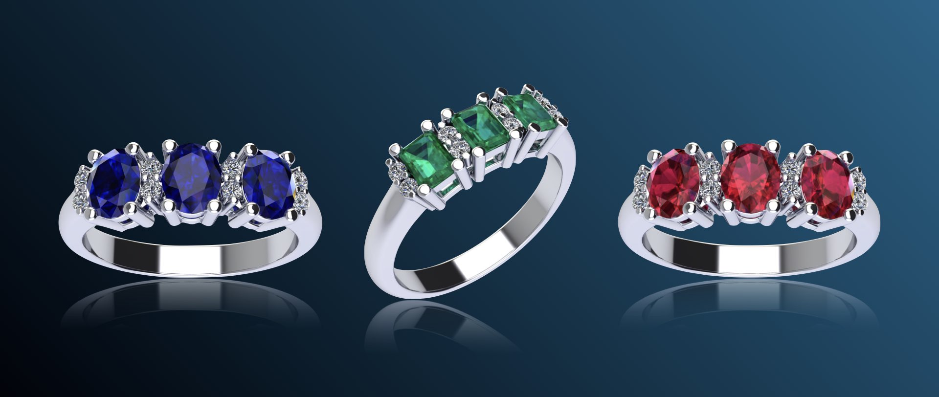 anelli trilogy con smeraldi, zaffiri e rubini