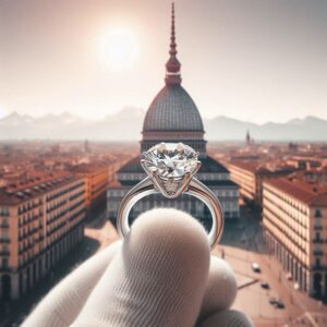 gioielli personalizzati a Torino, anello con diamante realizzato a Torino fotografato vicino alla Mole Antonelliana.