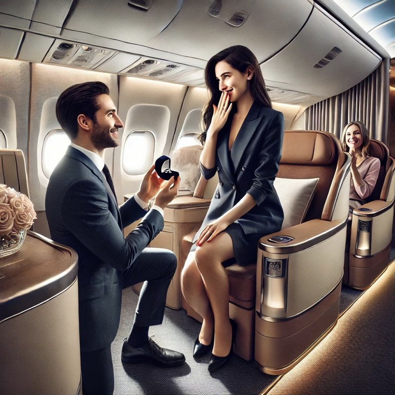 Un uomo elegante in abito scuro è inginocchiato nella cabina business class di un aereo, fa la proposta di matrimonio porgendo un anello di fidanzamento alla sua fidanzata seduta su un lussuoso sedile in pelle. Questa è solo una delle idee per le promesse di matrimonio proposte da Torinogioielli. L’ambiente è elegante, con illuminazione soffusa e dettagli di design che enfatizzano l’atmosfera romantica e esclusiva del momento.