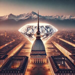 un grosso diamante dietro la Mole Antonelliana nella città di Torino come copertina dell'articolo sulla storia della gioielleria a Torino.