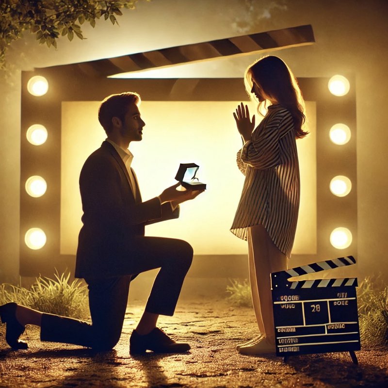 Proposta di matrimonio romantica in stile cinematografico, uomo inginocchiato con anello di fidanzamento davanti alla sua futura sposa, con luci da set cinematografico sullo sfondo.