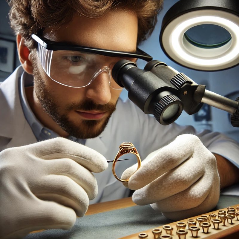 Gioielliere che esamina l’interno di un anello d’oro con una lente professionale in laboratorio.